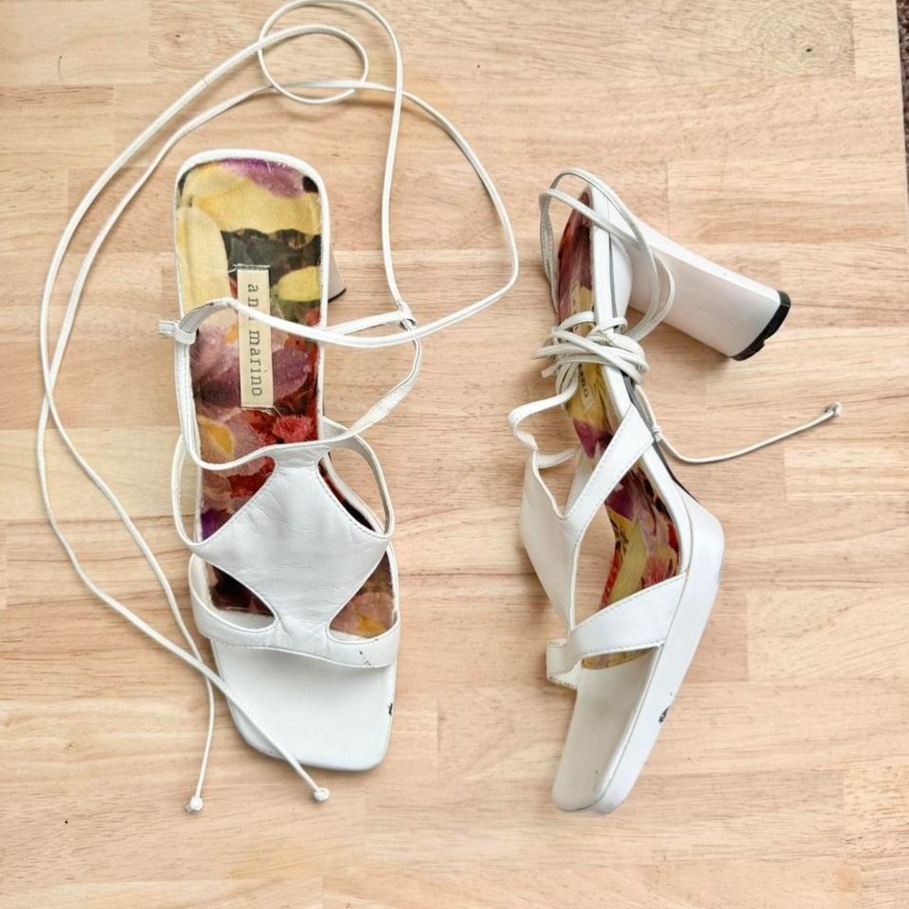90s white leather strappy ankle wrap heel Size 10